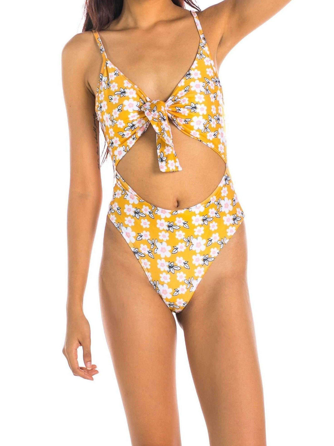 Olive Tie-Front High-Cut Cut-Out Monokini Yellow - Pink N' Proper