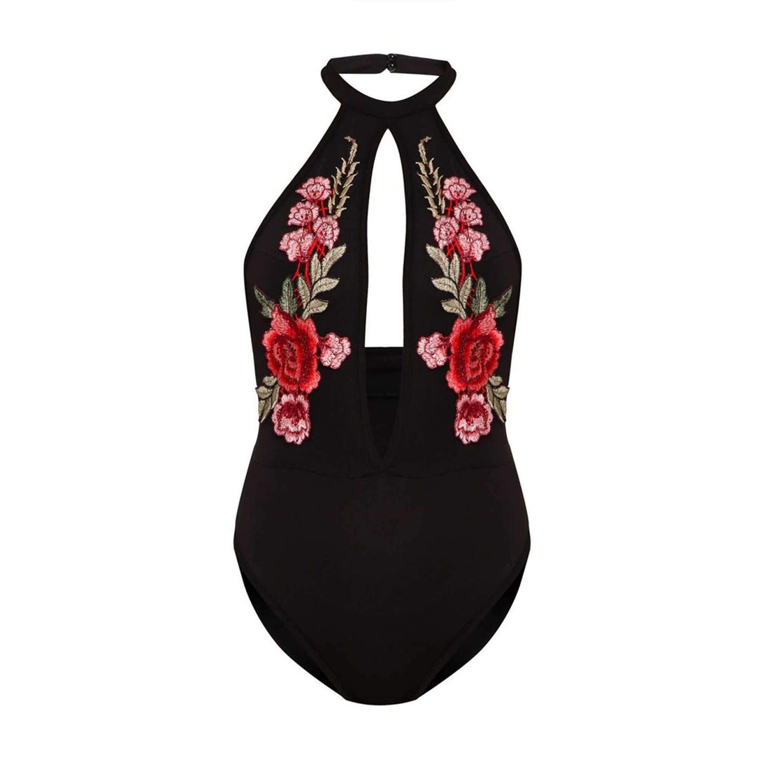 Pink N' Proper:Opulence Erendira Floral Embroidered Choker Plunge Monokini