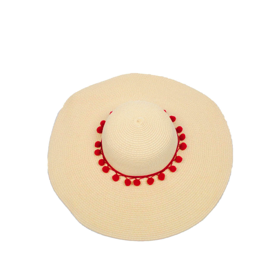 Pink N' Proper:Straw Hat in Beige,Red Pom Pom / None