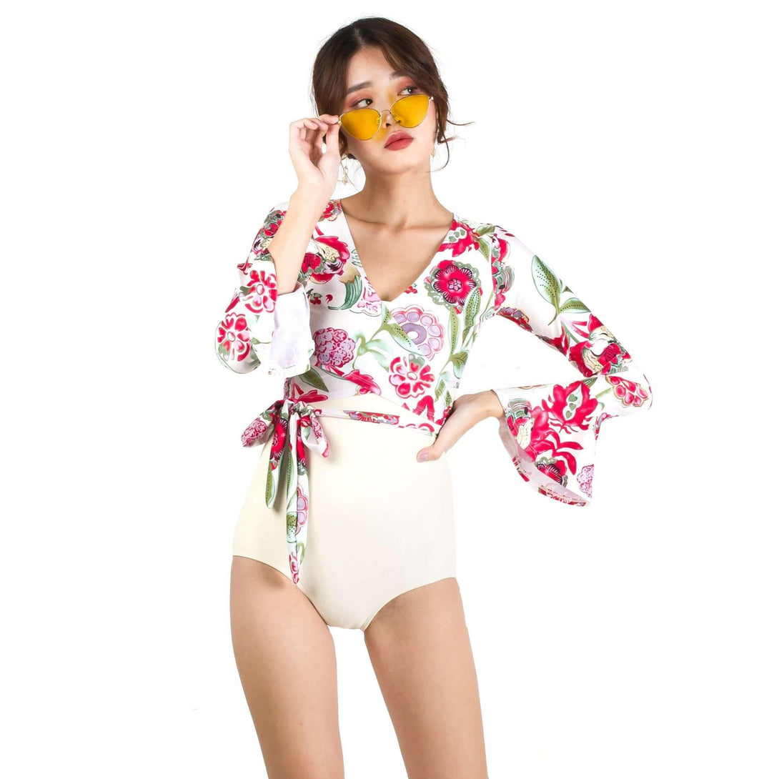 Pink N' Proper:Quinn Tie Front Long Bell Sleeve Cover Up with Straight Cut Retro Swimsuit in Cream White