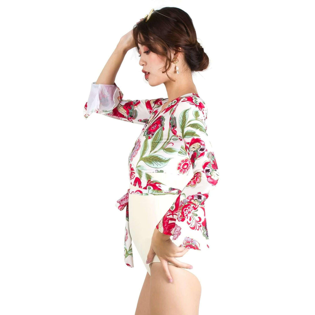 Pink N' Proper:Quinn Tie Front Long Bell Sleeve Cover Up with Straight Cut Retro Swimsuit in Cream White