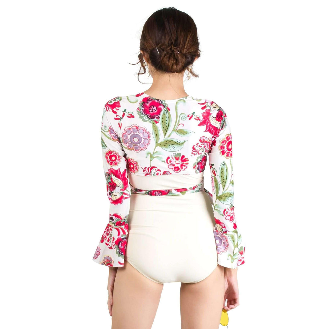 Pink N' Proper:Quinn Tie Front Long Bell Sleeve Cover Up with Straight Cut Retro Swimsuit in Cream White