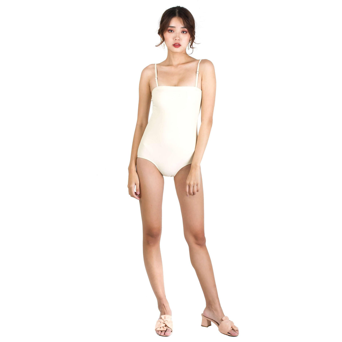Pink N' Proper:Quinn Tie Front Long Bell Sleeve Cover Up with Straight Cut Retro Swimsuit in Cream White