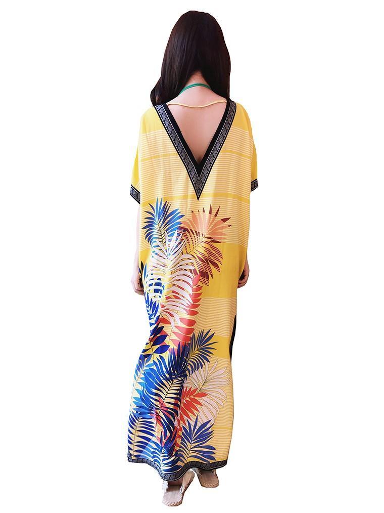 Daria Tropical Long V Neck Beach Kaftan Dress with Slit Yellow - Pink N' Proper